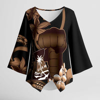Brown Hafa Adai Guam Kimono Sleeve Blouse Chamorro Latte Stone Hand With Plumeria - Polynesian Pride
