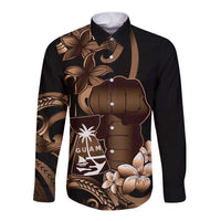 Brown Hafa Adai Guam Long Sleeve Button Shirt Chamorro Latte Stone Hand With Plumeria LT14 Unisex Brown - Polynesian Pride