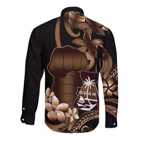 Brown Hafa Adai Guam Long Sleeve Button Shirt Chamorro Latte Stone Hand With Plumeria LT14 - Polynesian Pride