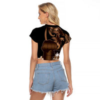 Brown Hafa Adai Guam Raglan Cropped T Shirt Chamorro Latte Stone Hand With Plumeria LT14 - Polynesian Pride