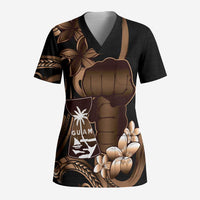 Brown Hafa Adai Guam Scrub Top Chamorro Latte Stone Hand With Plumeria - Polynesian Pride