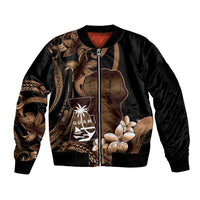 Brown Hafa Adai Guam Sleeve Zip Bomber Jacket Chamorro Latte Stone Hand With Plumeria LT14 Unisex Brown - Polynesian Pride