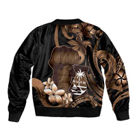 Brown Hafa Adai Guam Sleeve Zip Bomber Jacket Chamorro Latte Stone Hand With Plumeria LT14 - Polynesian Pride