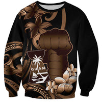 Brown Hafa Adai Guam Sweatshirt Chamorro Latte Stone Hand With Plumeria LT14 Unisex Brown - Polynesian Pride