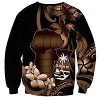 Brown Hafa Adai Guam Sweatshirt Chamorro Latte Stone Hand With Plumeria LT14 - Polynesian Pride