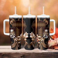 Brown Hafa Adai Guam Tumbler With Handle Chamorro Latte Stone Hand With Plumeria