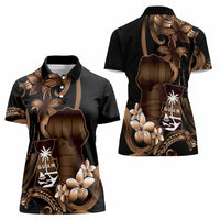 Brown Hafa Adai Guam Women Polo Shirt Chamorro Latte Stone Hand With Plumeria