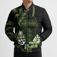 Green Hafa Adai Guam Bomber Puffer Jacket Chamorro Latte Stone Hand With Plumeria - Polynesian Pride
