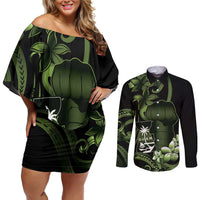 Green Hafa Adai Guam Couples Matching Off Shoulder Short Dress and Long Sleeve Button Shirt Chamorro Latte Stone Hand With Plumeria