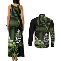 Green Hafa Adai Guam Couples Matching Tank Maxi Dress and Long Sleeve Button Shirt Chamorro Latte Stone Hand With Plumeria