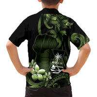 Green Hafa Adai Guam Family Matching Long Sleeve Bodycon Dress and Hawaiian Shirt Chamorro Latte Stone Hand With Plumeria