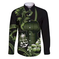 Green Hafa Adai Guam Family Matching Long Sleeve Bodycon Dress and Hawaiian Shirt Chamorro Latte Stone Hand With Plumeria