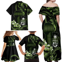 Green Hafa Adai Guam Family Matching Off Shoulder Maxi Dress and Hawaiian Shirt Chamorro Latte Stone Hand With Plumeria