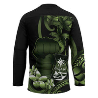 Green Hafa Adai Guam Hockey Jersey Chamorro Latte Stone Hand With Plumeria - Polynesian Pride