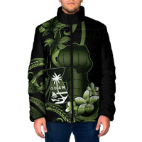 Green Hafa Adai Guam Padded Jacket Chamorro Latte Stone Hand With Plumeria - Polynesian Pride