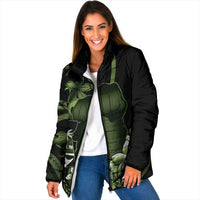 Green Hafa Adai Guam Padded Jacket Chamorro Latte Stone Hand With Plumeria - Polynesian Pride