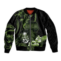 Green Hafa Adai Guam Sleeve Zip Bomber Jacket Chamorro Latte Stone Hand With Plumeria LT14 Unisex Green - Polynesian Pride