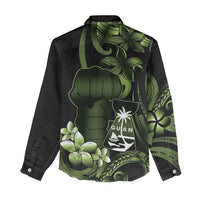 Green Hafa Adai Guam Women Casual Shirt Chamorro Latte Stone Hand With Plumeria
