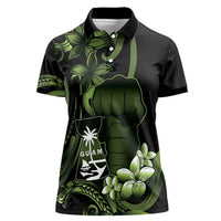 Green Hafa Adai Guam Women Polo Shirt Chamorro Latte Stone Hand With Plumeria