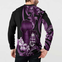 Purple Hafa Adai Guam Button Sweatshirt Chamorro Latte Stone Hand With Plumeria