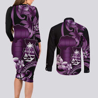 Purple Hafa Adai Guam Couples Matching Long Sleeve Bodycon Dress and Long Sleeve Button Shirt Chamorro Latte Stone Hand With Plumeria