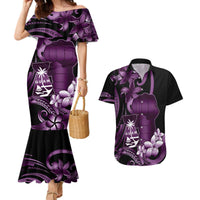 Purple Hafa Adai Guam Couples Matching Mermaid Dress and Hawaiian Shirt Chamorro Latte Stone Hand With Plumeria