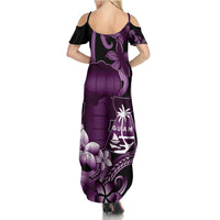 Purple Hafa Adai Guam Family Matching Summer Maxi Dress and Hawaiian Shirt Chamorro Latte Stone Hand With Plumeria