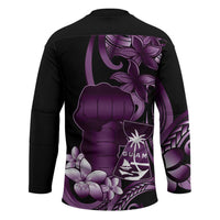 Purple Hafa Adai Guam Hockey Jersey Chamorro Latte Stone Hand With Plumeria - Polynesian Pride