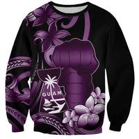 Purple Hafa Adai Guam Sweatshirt Chamorro Latte Stone Hand With Plumeria