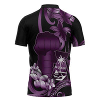 Purple Hafa Adai Guam Zipper Polo Shirt Chamorro Latte Stone Hand With Plumeria - Polynesian Pride