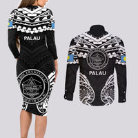 Palau Constitution Day Couples Matching Long Sleeve Bodycon Dress and Long Sleeve Button Shirt Belau Seal With Polynesian Pattern - Black
