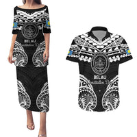 Palau Constitution Day Couples Matching Puletasi and Hawaiian Shirt Belau Seal With Polynesian Pattern - Black