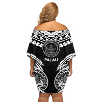 Palau Constitution Day Family Matching Off Shoulder Short Dress and Hawaiian Shirt Belau Seal With Polynesian Pattern - Black