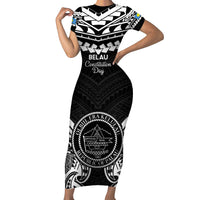 Palau Constitution Day Short Sleeve Bodycon Dress Belau Seal With Polynesian Pattern - Black LT14 Long Dress Black - Polynesian Pride