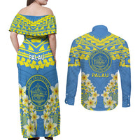 Palau Constitution Day Couples Matching Off Shoulder Maxi Dress and Long Sleeve Button Shirt Belau Seal With Frangipani Polynesian Pattern - Blue