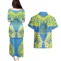Palau Constitution Day Couples Matching Puletasi and Hawaiian Shirt Belau Seal With Frangipani Polynesian Pattern - Blue
