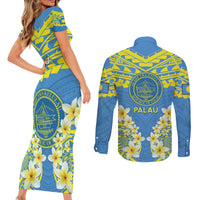 Palau Constitution Day Couples Matching Short Sleeve Bodycon Dress and Long Sleeve Button Shirt Belau Seal With Frangipani Polynesian Pattern - Blue