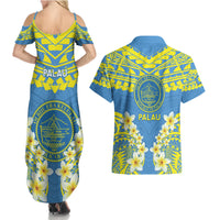 Palau Constitution Day Couples Matching Summer Maxi Dress and Hawaiian Shirt Belau Seal With Frangipani Polynesian Pattern - Blue