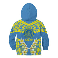 Palau Constitution Day Kid Hoodie Belau Seal With Frangipani Polynesian Pattern - Blue