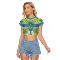Palau Constitution Day Raglan Cropped T Shirt Belau Seal With Frangipani Polynesian Pattern - Blue