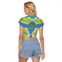 Palau Constitution Day Raglan Cropped T Shirt Belau Seal With Frangipani Polynesian Pattern - Blue
