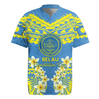 Palau Constitution Day Rugby Jersey Belau Seal With Frangipani Polynesian Pattern - Blue LT14 Blue - Polynesian Pride