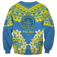 Palau Constitution Day Sweatshirt Belau Seal With Frangipani Polynesian Pattern - Blue