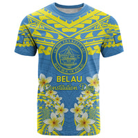 Palau Constitution Day T Shirt Belau Seal With Frangipani Polynesian Pattern - Blue