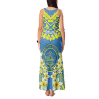 Palau Constitution Day Tank Maxi Dress Belau Seal With Frangipani Polynesian Pattern - Blue LT14 - Polynesian Pride