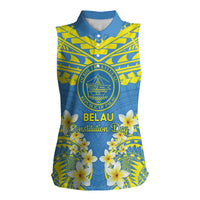 Palau Constitution Day Women Sleeveless Polo Shirt Belau Seal With Frangipani Polynesian Pattern - Blue LT14 Female Blue - Polynesian Pride
