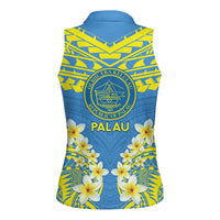 Palau Constitution Day Women Sleeveless Polo Shirt Belau Seal With Frangipani Polynesian Pattern - Blue LT14 - Polynesian Pride