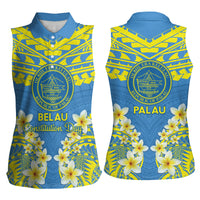 Palau Constitution Day Women Sleeveless Polo Shirt Belau Seal With Frangipani Polynesian Pattern - Blue LT14 - Polynesian Pride