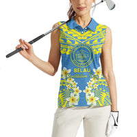 Palau Constitution Day Women Sleeveless Polo Shirt Belau Seal With Frangipani Polynesian Pattern - Blue LT14 - Polynesian Pride