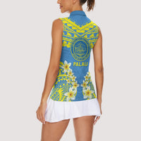 Palau Constitution Day Women Sleeveless Polo Shirt Belau Seal With Frangipani Polynesian Pattern - Blue LT14 - Polynesian Pride